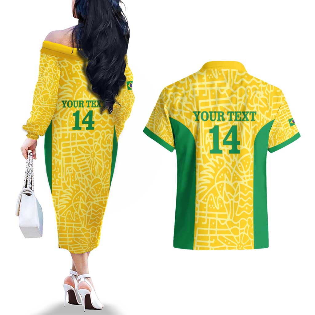 Custom Brazil Football Couples Matching Off The Shoulder Long Sleeve Dress and Hawaiian Shirt Vamos Selecao - Yellow - Wonder Print Shop
