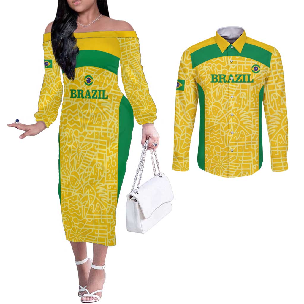 Custom Brazil Football Couples Matching Off The Shoulder Long Sleeve Dress and Long Sleeve Button Shirt Vamos Selecao - Yellow