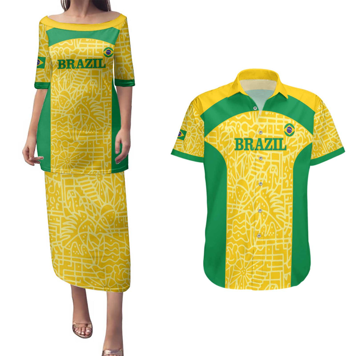 Custom Brazil Football Couples Matching Puletasi and Hawaiian Shirt Vamos Selecao - Yellow - Wonder Print Shop