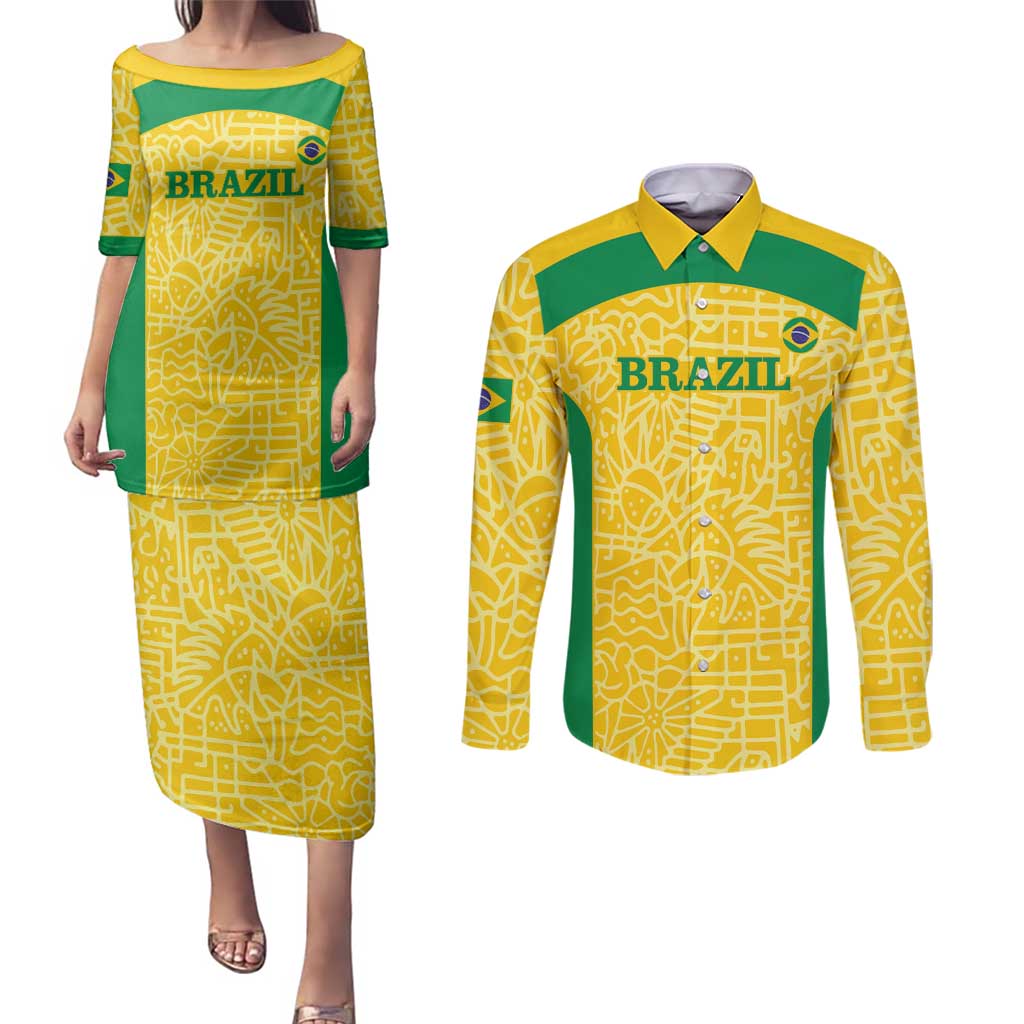 Custom Brazil Football Couples Matching Puletasi and Long Sleeve Button Shirt Vamos Selecao - Yellow - Wonder Print Shop