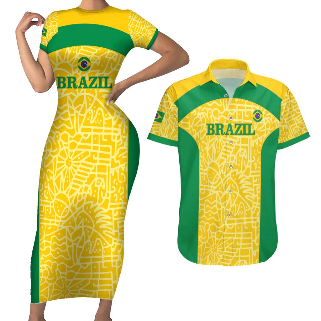 Custom Brazil Football Couples Matching Short Sleeve Bodycon Dress and Hawaiian Shirt Vamos Selecao - Yellow - Wonder Print Shop