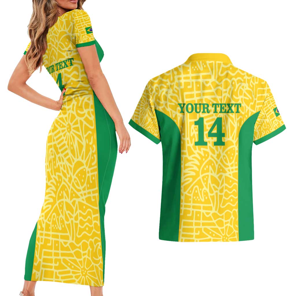 Custom Brazil Football Couples Matching Short Sleeve Bodycon Dress and Hawaiian Shirt Vamos Selecao - Yellow - Wonder Print Shop