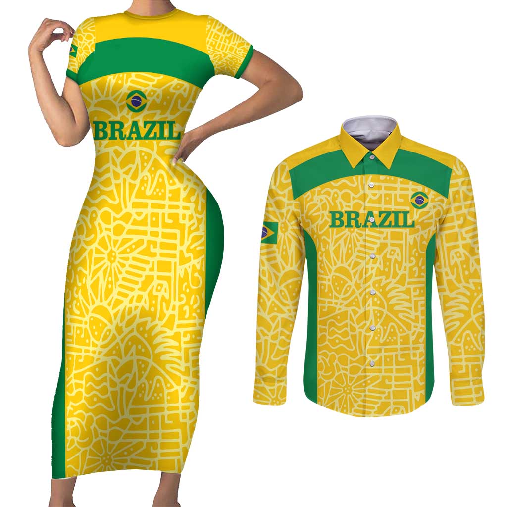 Custom Brazil Football Couples Matching Short Sleeve Bodycon Dress and Long Sleeve Button Shirt Vamos Selecao - Yellow - Wonder Print Shop