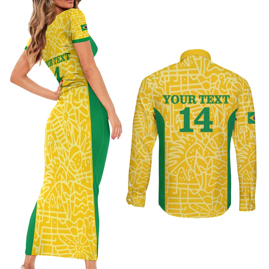Custom Brazil Football Couples Matching Short Sleeve Bodycon Dress and Long Sleeve Button Shirt Vamos Selecao - Yellow - Wonder Print Shop