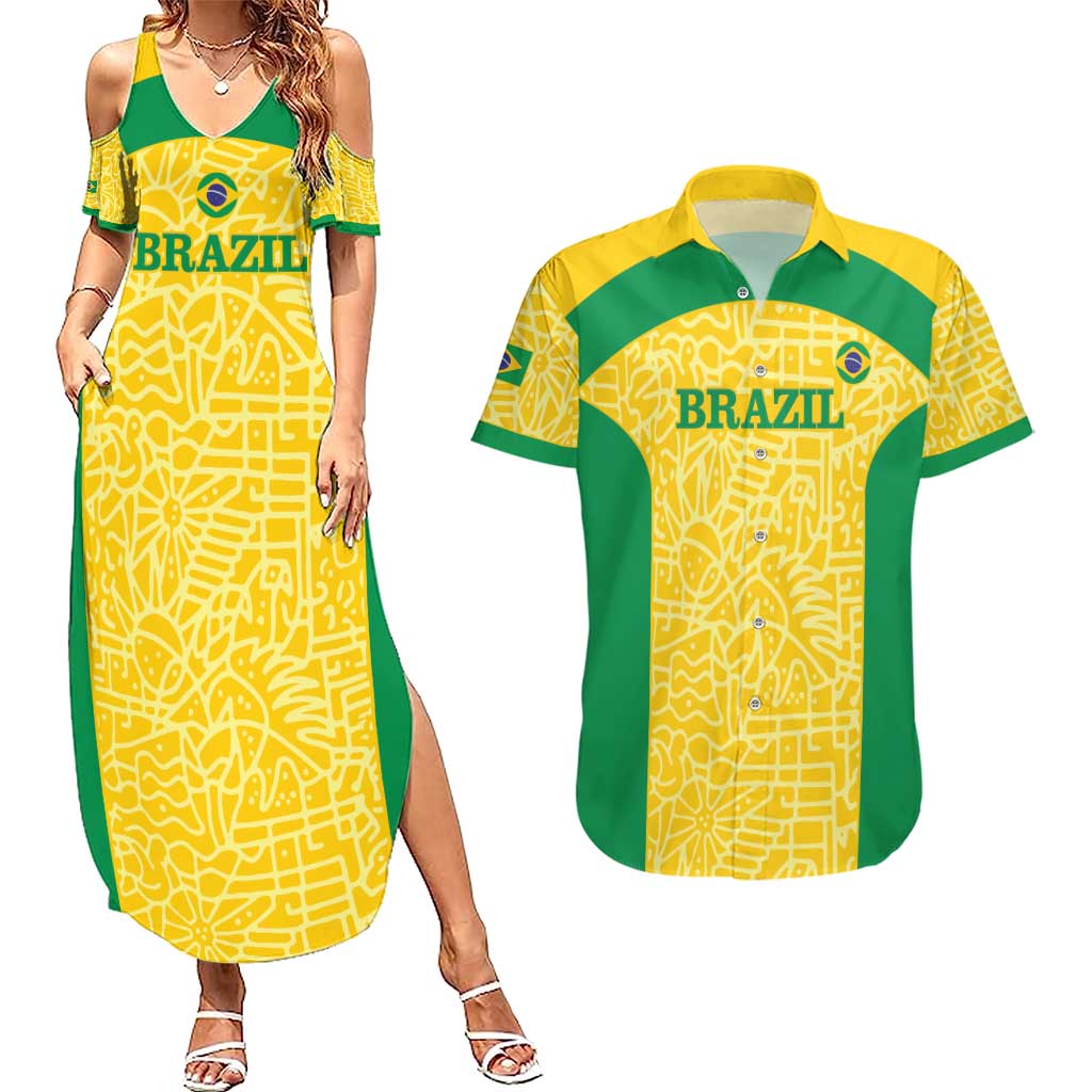 Custom Brazil Football Couples Matching Summer Maxi Dress and Hawaiian Shirt Vamos Selecao - Yellow - Wonder Print Shop