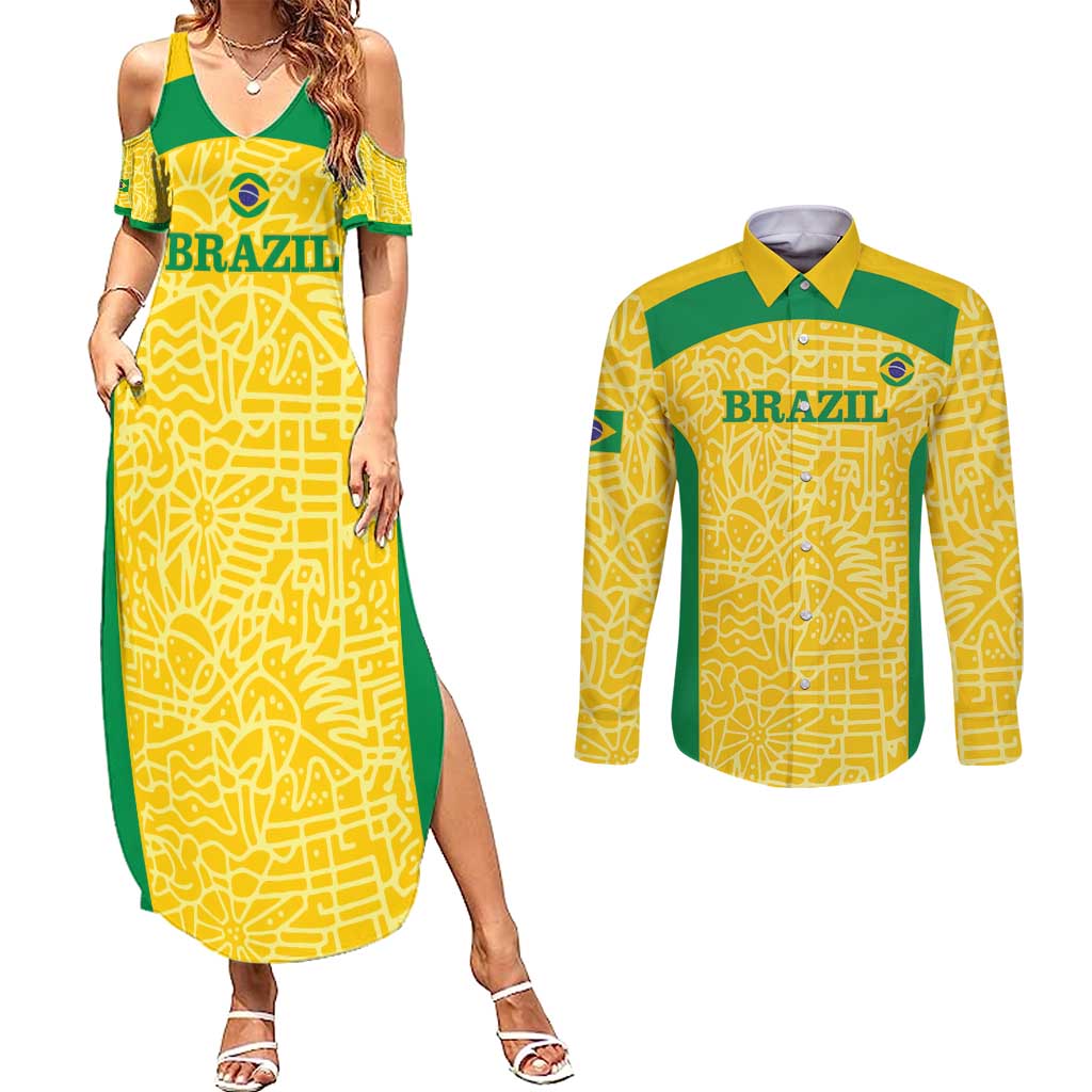 Custom Brazil Football Couples Matching Summer Maxi Dress and Long Sleeve Button Shirt Vamos Selecao - Yellow - Wonder Print Shop
