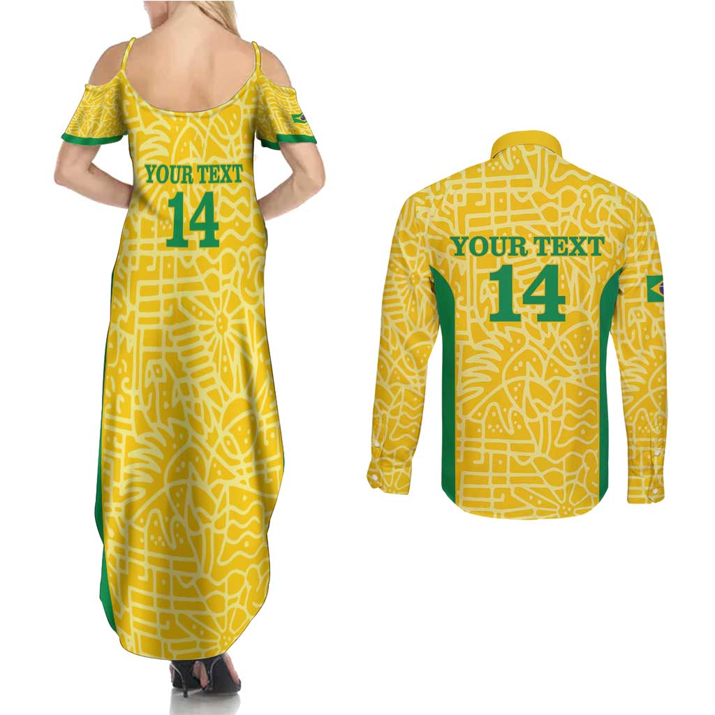 Custom Brazil Football Couples Matching Summer Maxi Dress and Long Sleeve Button Shirt Vamos Selecao - Yellow - Wonder Print Shop