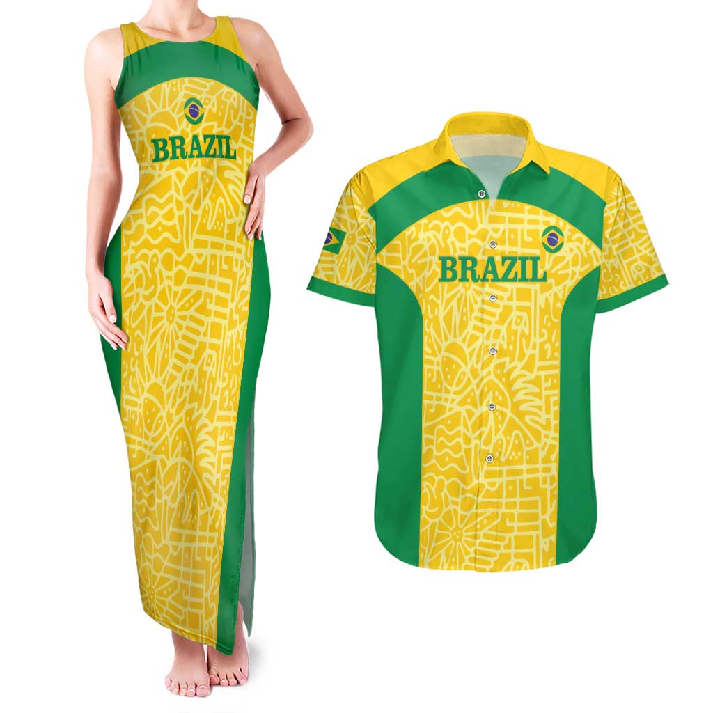 Custom Brazil Football Couples Matching Tank Maxi Dress and Hawaiian Shirt Vamos Selecao - Yellow - Wonder Print Shop