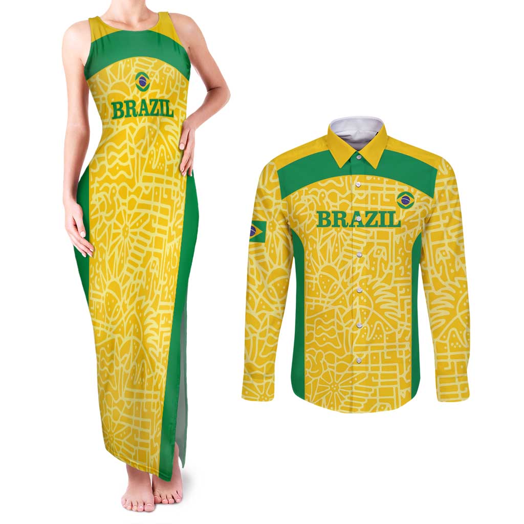 Custom Brazil Football Couples Matching Tank Maxi Dress and Long Sleeve Button Shirt Vamos Selecao - Yellow - Wonder Print Shop