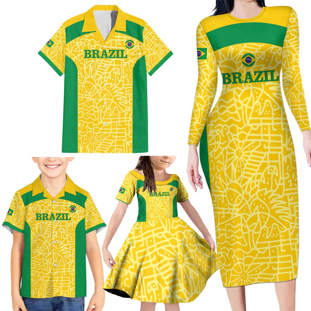 Custom Brazil Football Family Matching Long Sleeve Bodycon Dress and Hawaiian Shirt Vamos Selecao - Yellow - Wonder Print Shop