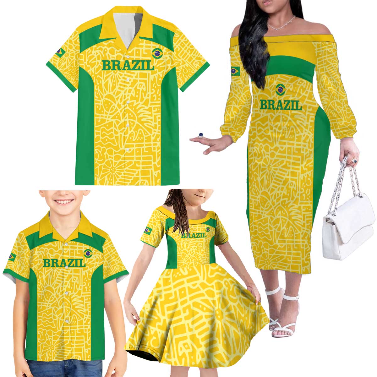 Custom Brazil Football Family Matching Off The Shoulder Long Sleeve Dress and Hawaiian Shirt Vamos Selecao - Yellow - Wonder Print Shop