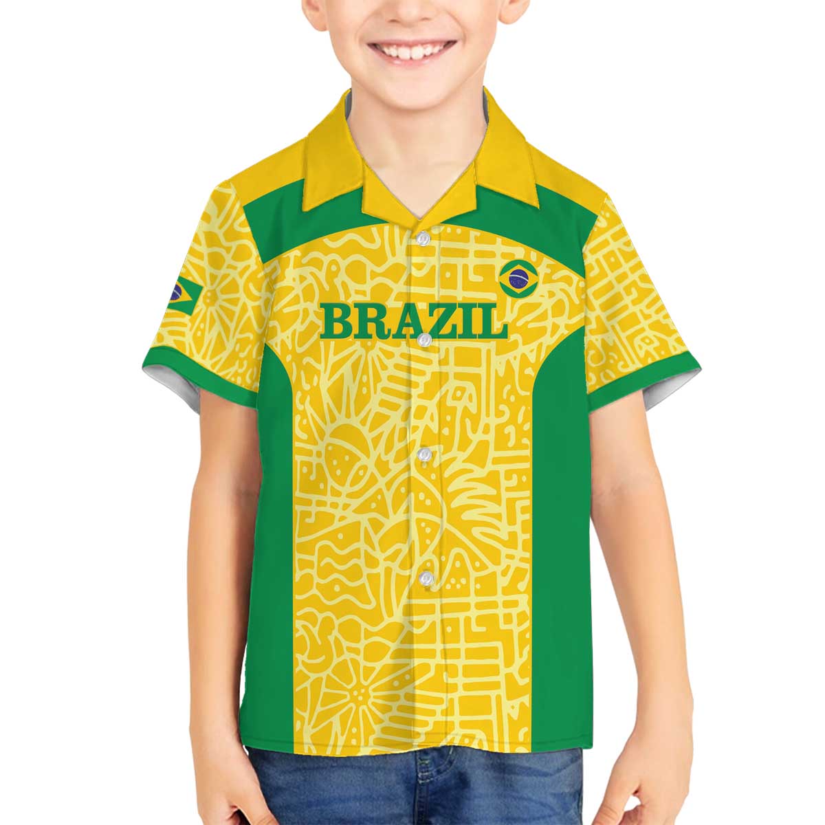 Custom Brazil Football Family Matching Off The Shoulder Long Sleeve Dress and Hawaiian Shirt Vamos Selecao - Yellow - Wonder Print Shop