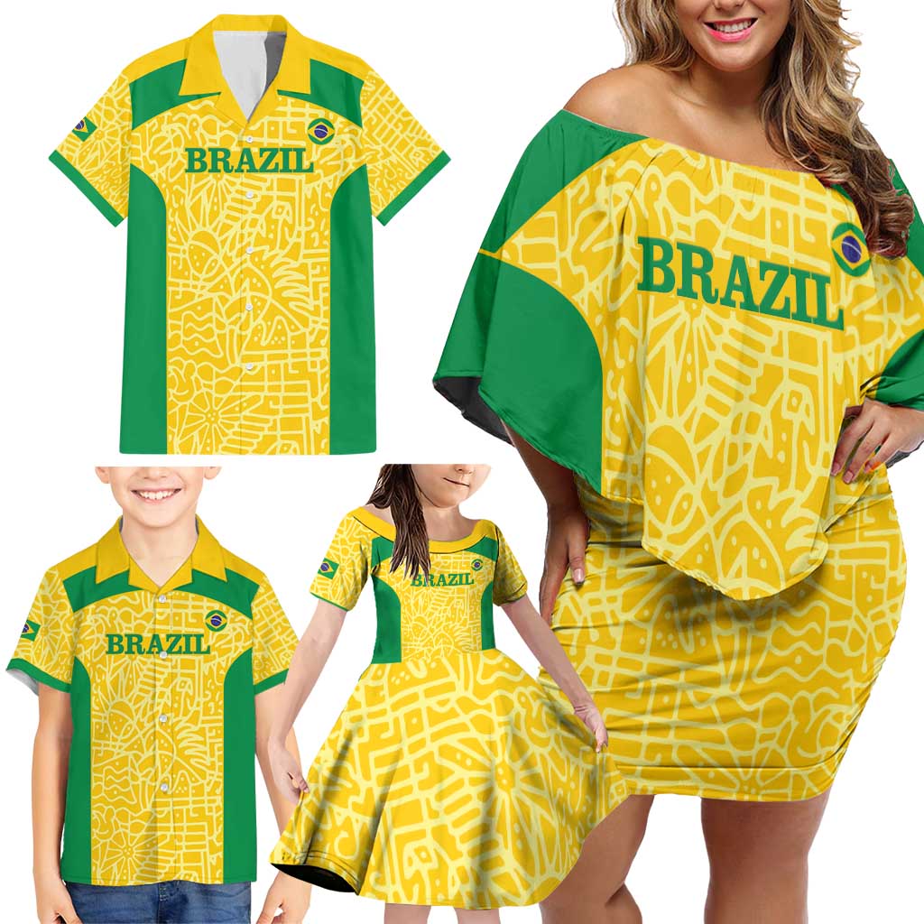 Custom Brazil Football Family Matching Off Shoulder Short Dress and Hawaiian Shirt Vamos Selecao - Yellow - Wonder Print Shop