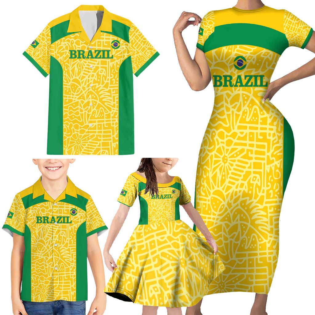 Custom Brazil Football Family Matching Short Sleeve Bodycon Dress and Hawaiian Shirt Vamos Selecao - Yellow - Wonder Print Shop