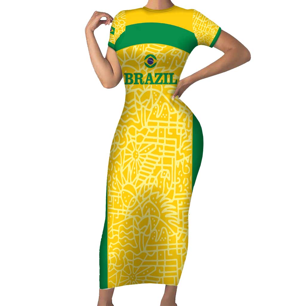 Custom Brazil Football Family Matching Short Sleeve Bodycon Dress and Hawaiian Shirt Vamos Selecao - Yellow - Wonder Print Shop