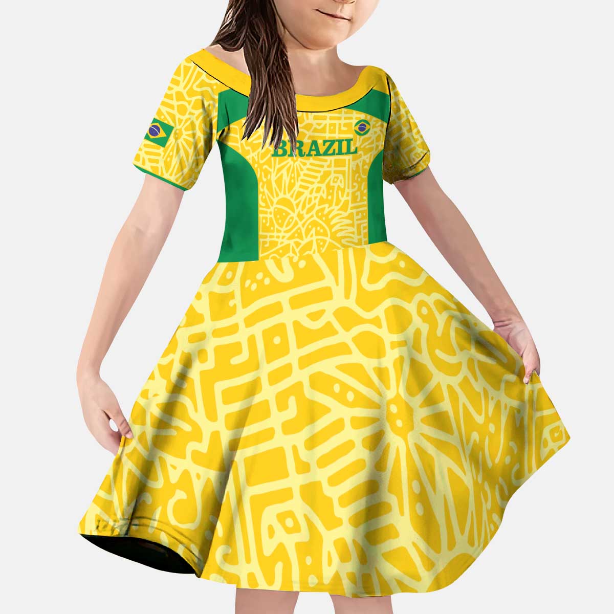 Custom Brazil Football Kid Short Sleeve Dress Vamos Selecao - Yellow - Wonder Print Shop