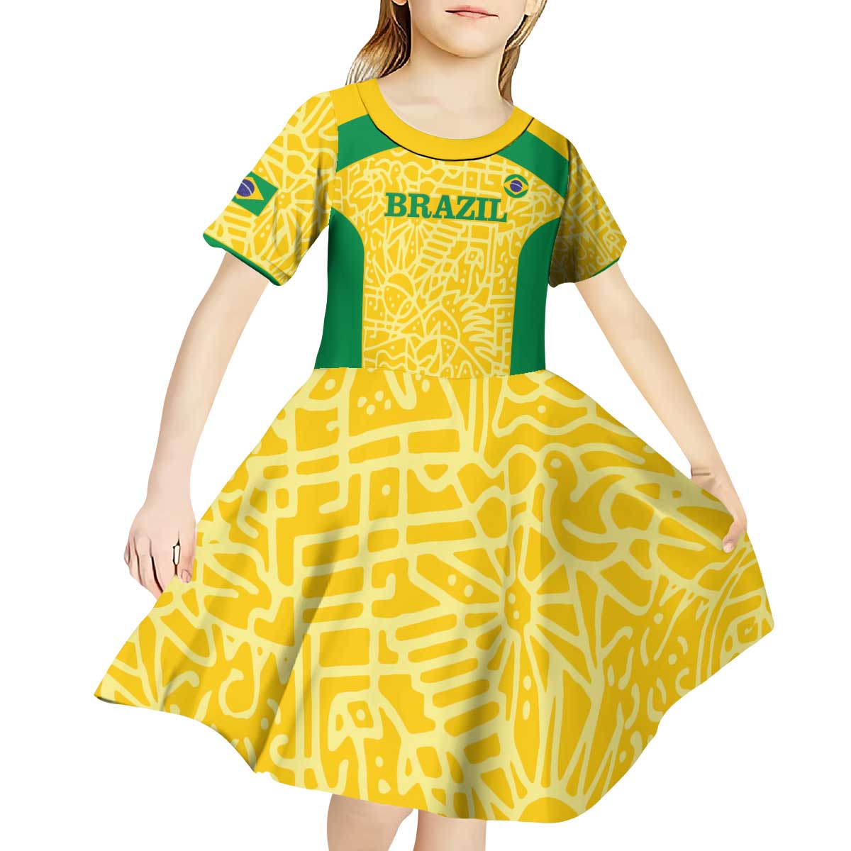Custom Brazil Football Kid Short Sleeve Dress Vamos Selecao - Yellow - Wonder Print Shop