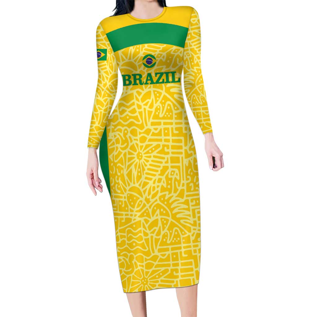 Custom Brazil Football Long Sleeve Bodycon Dress Vamos Selecao - Yellow - Wonder Print Shop