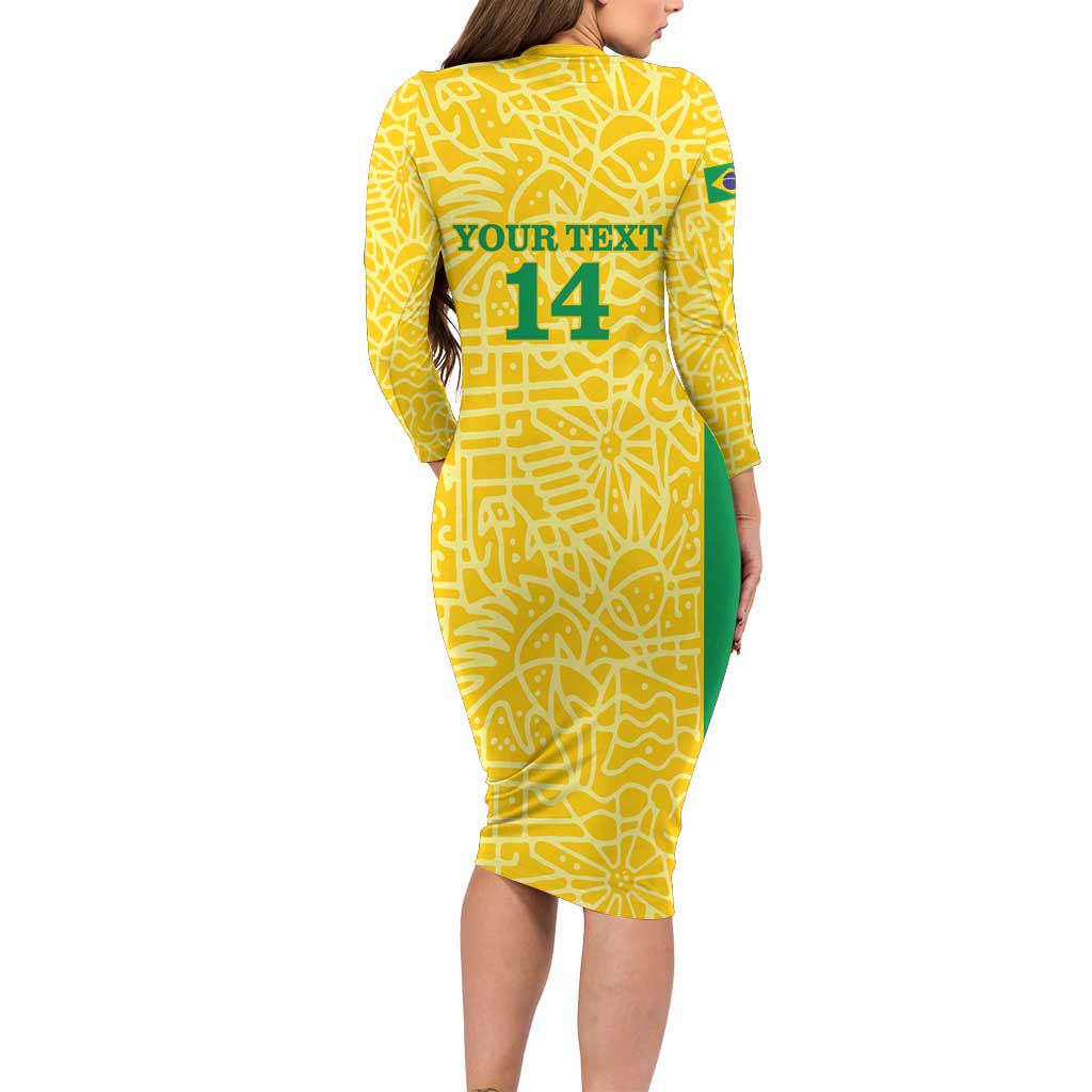 Custom Brazil Football Long Sleeve Bodycon Dress Vamos Selecao - Yellow - Wonder Print Shop