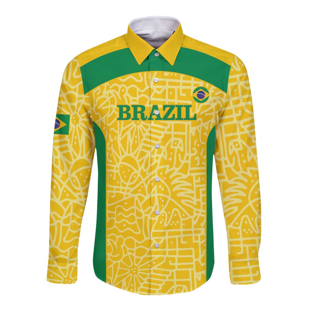 Custom Brazil Football Long Sleeve Button Shirt Vamos Selecao - Yellow - Wonder Print Shop