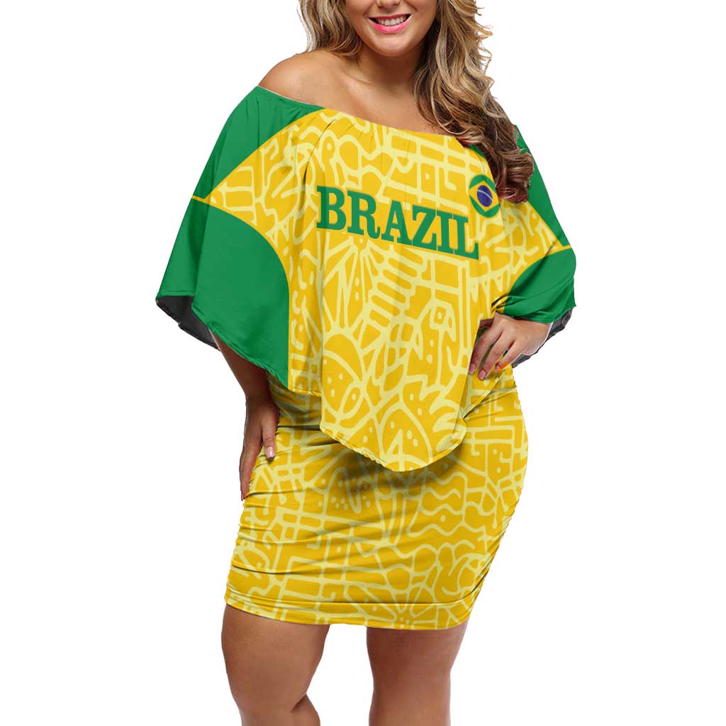 Custom Brazil Football Off Shoulder Short Dress Vamos Selecao - Yellow - Wonder Print Shop