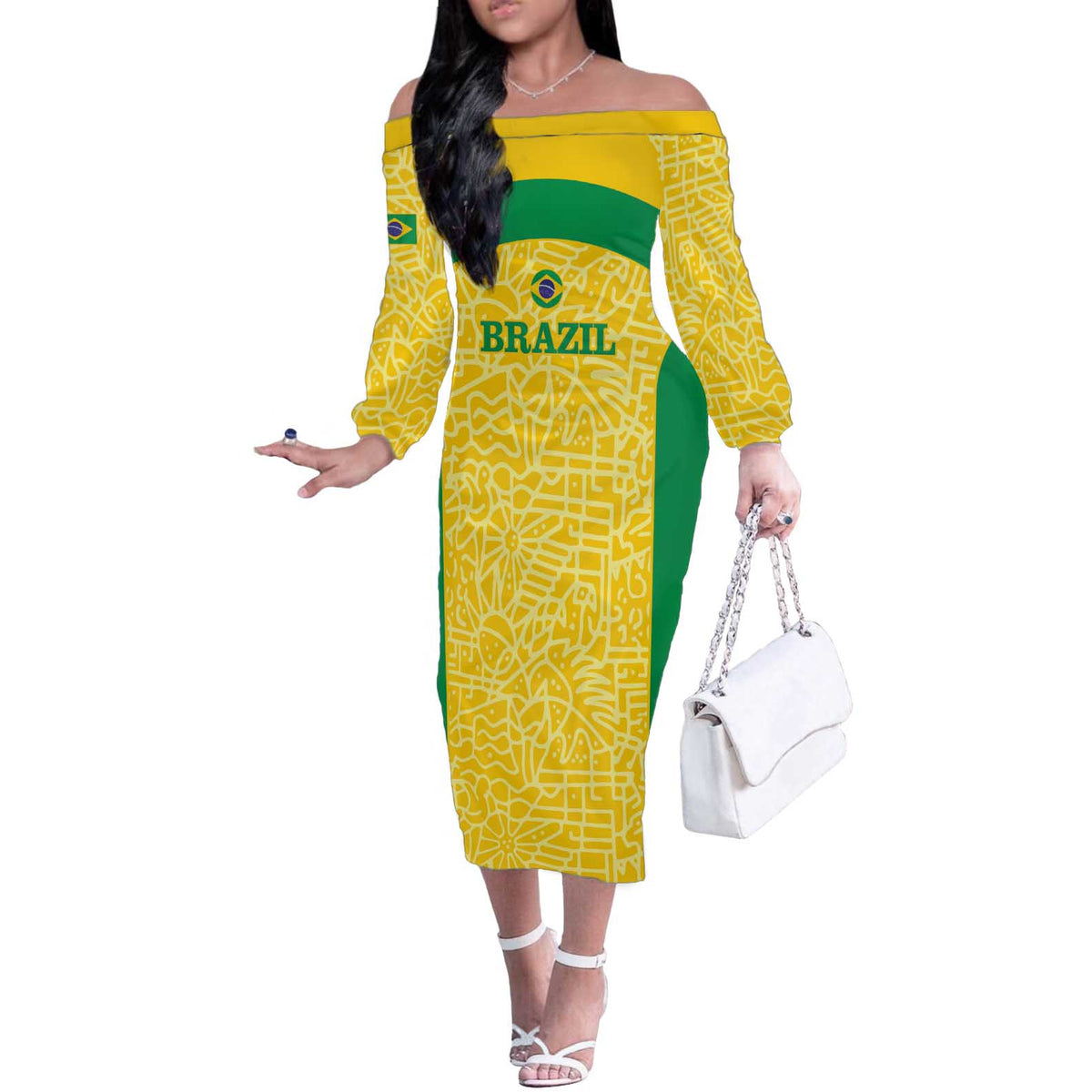 Custom Brazil Football Off The Shoulder Long Sleeve Dress Vamos Selecao - Yellow - Wonder Print Shop