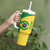 Custom Brazil Football Tumbler With Handle Vamos Selecao - Yellow - Wonder Print Shop