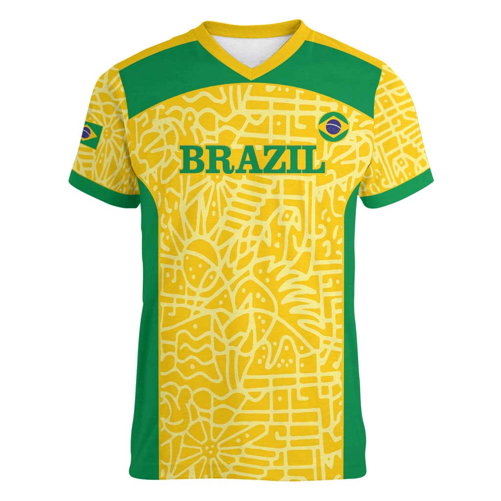 Custom Brazil Football Women V-Neck T-Shirt Vamos Selecao - Yellow - Wonder Print Shop