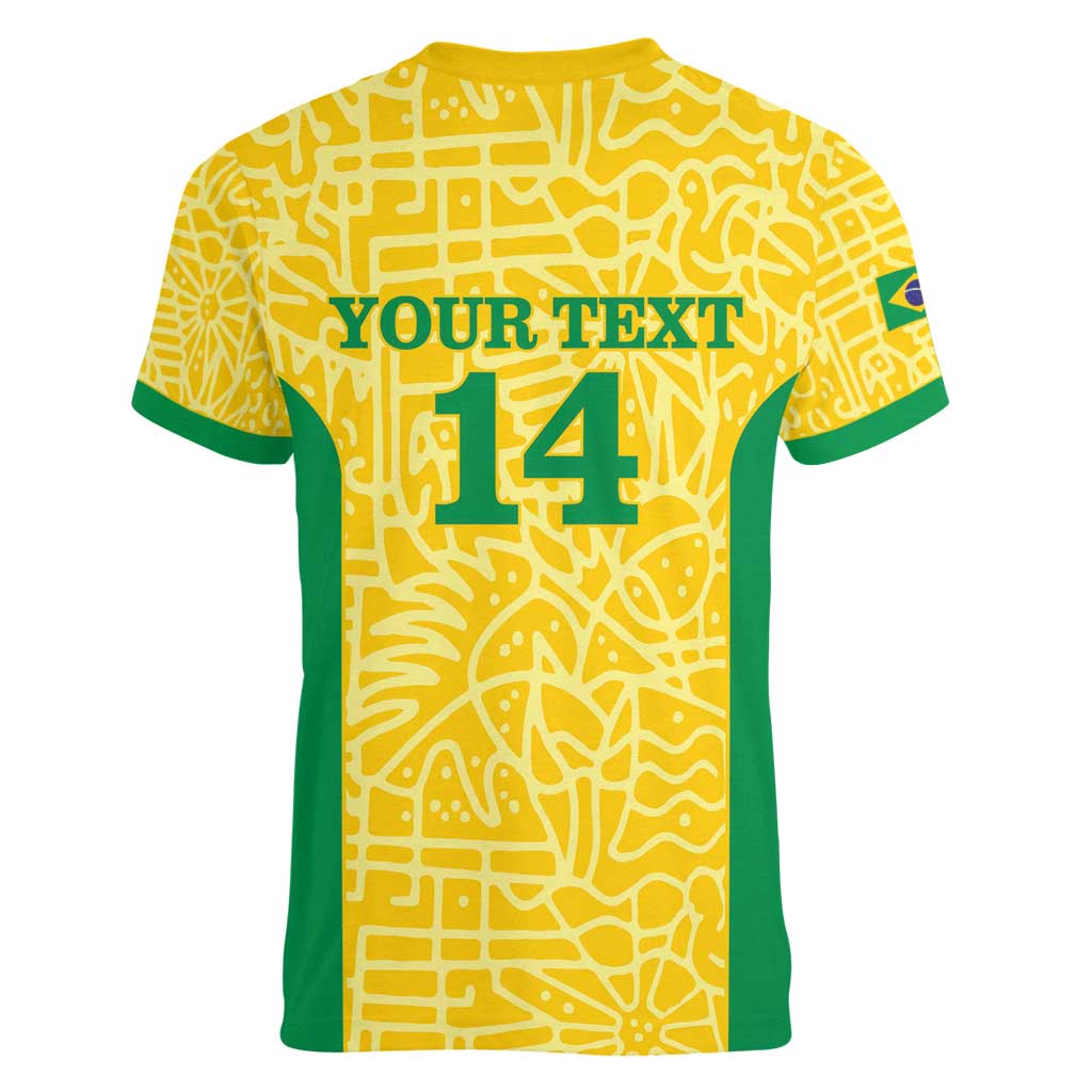 Custom Brazil Football Women V-Neck T-Shirt Vamos Selecao - Yellow - Wonder Print Shop