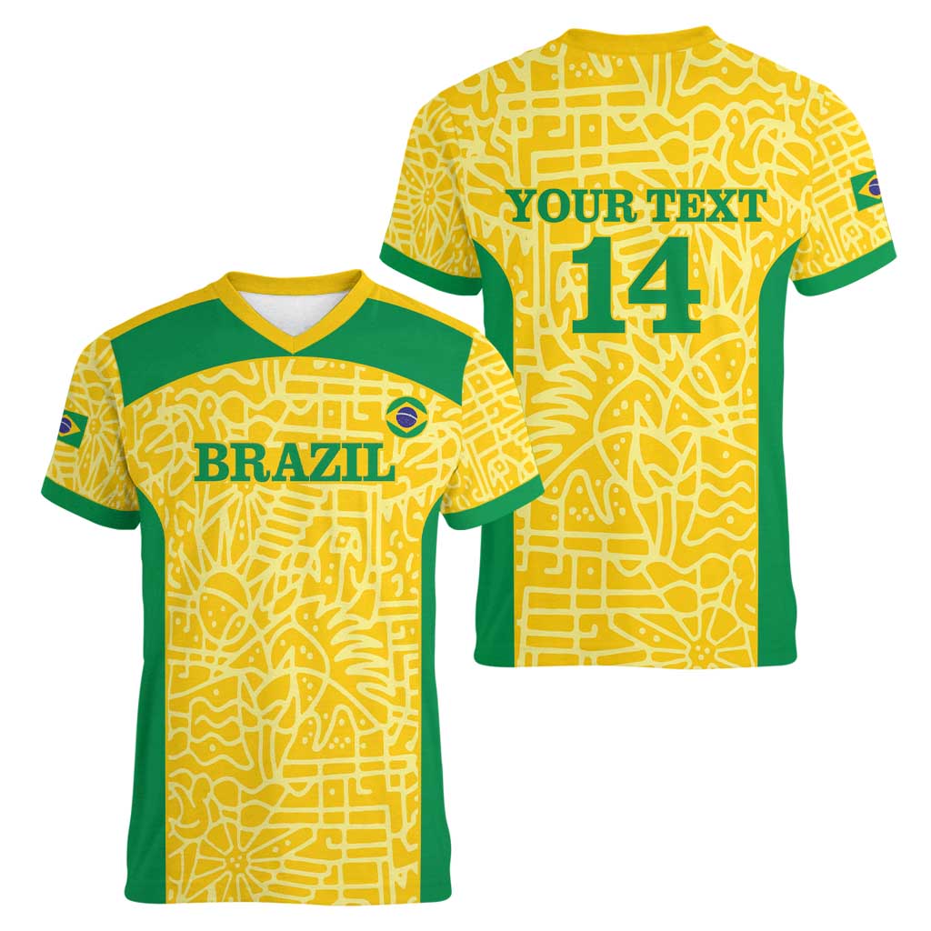 Custom Brazil Football Women V-Neck T-Shirt Vamos Selecao - Yellow - Wonder Print Shop