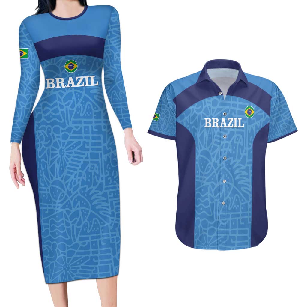 Custom Brazil Football Couples Matching Long Sleeve Bodycon Dress and Hawaiian Shirt Vamos Selecao - Blue - Wonder Print Shop