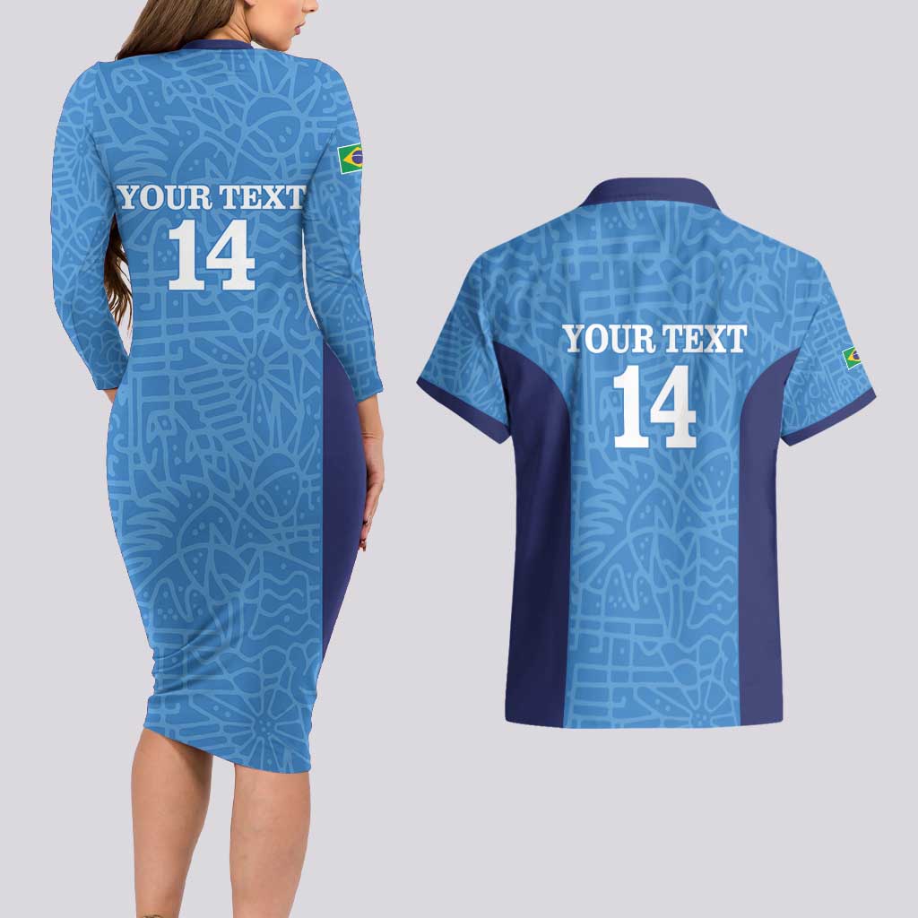 Custom Brazil Football Couples Matching Long Sleeve Bodycon Dress and Hawaiian Shirt Vamos Selecao - Blue - Wonder Print Shop