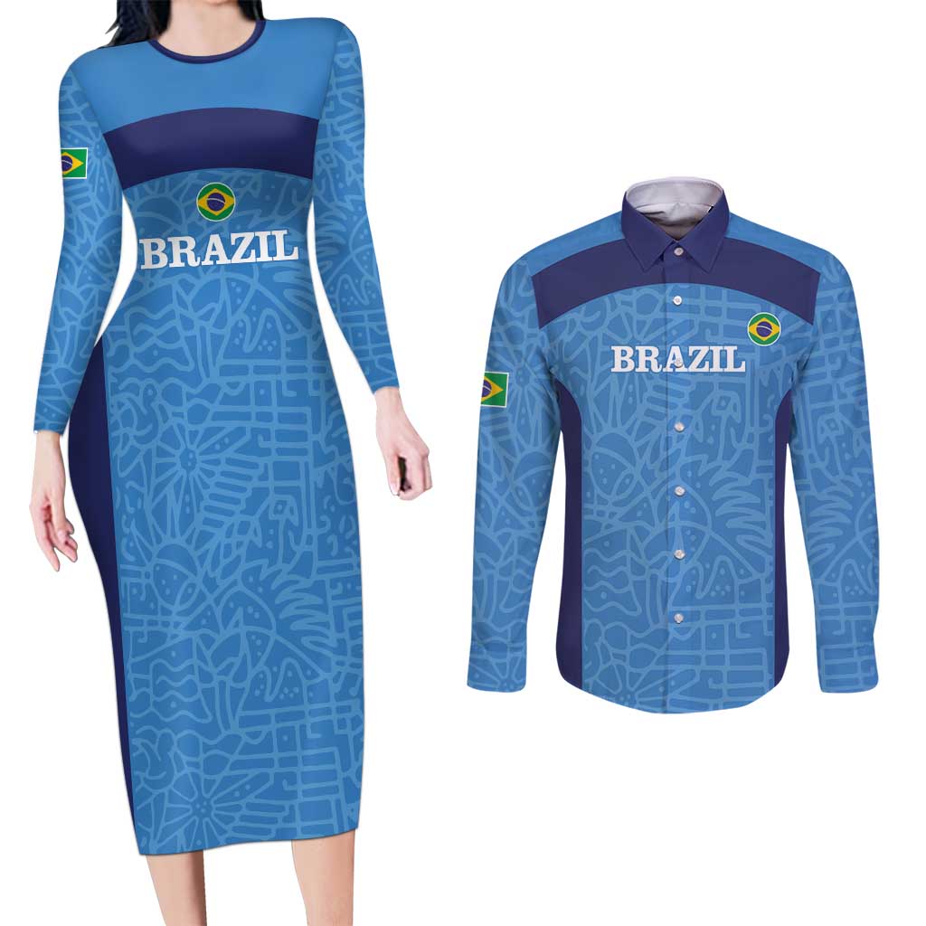 Custom Brazil Football Couples Matching Long Sleeve Bodycon Dress and Long Sleeve Button Shirt Vamos Selecao - Blue - Wonder Print Shop