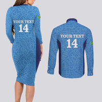 Custom Brazil Football Couples Matching Long Sleeve Bodycon Dress and Long Sleeve Button Shirt Vamos Selecao - Blue - Wonder Print Shop