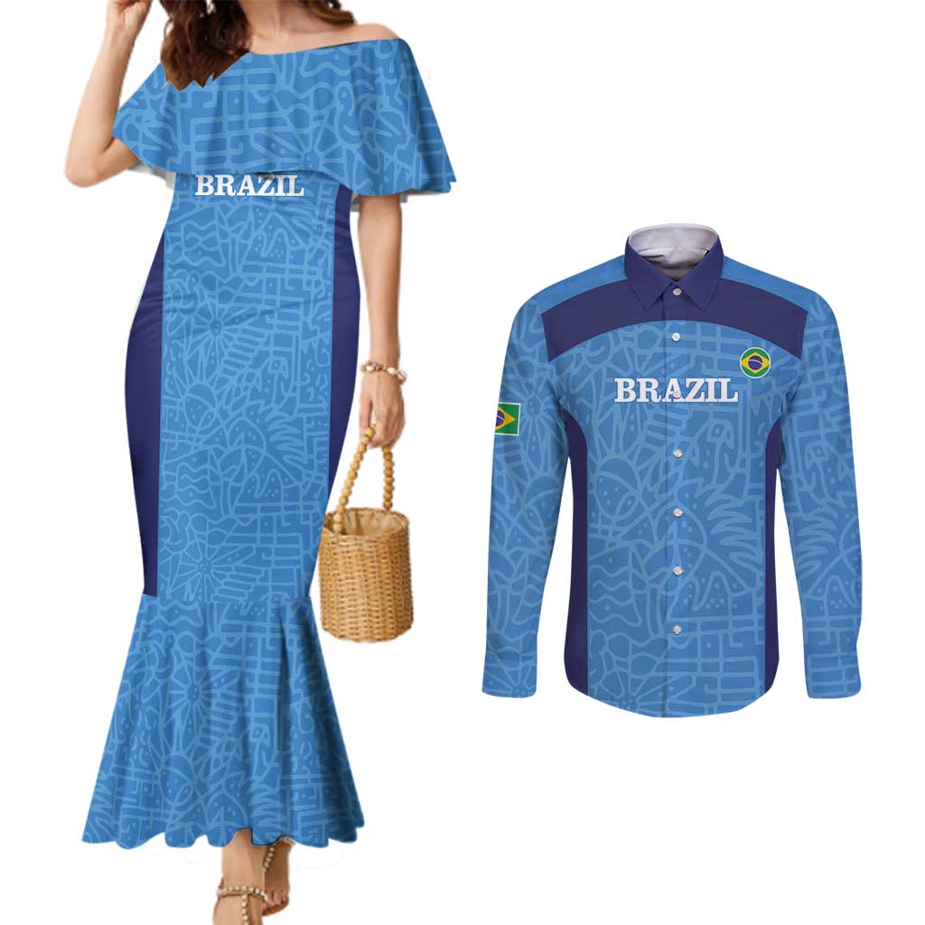 Custom Brazil Football Couples Matching Mermaid Dress and Long Sleeve Button Shirt Vamos Selecao - Blue