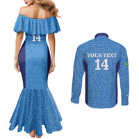Custom Brazil Football Couples Matching Mermaid Dress and Long Sleeve Button Shirt Vamos Selecao - Blue