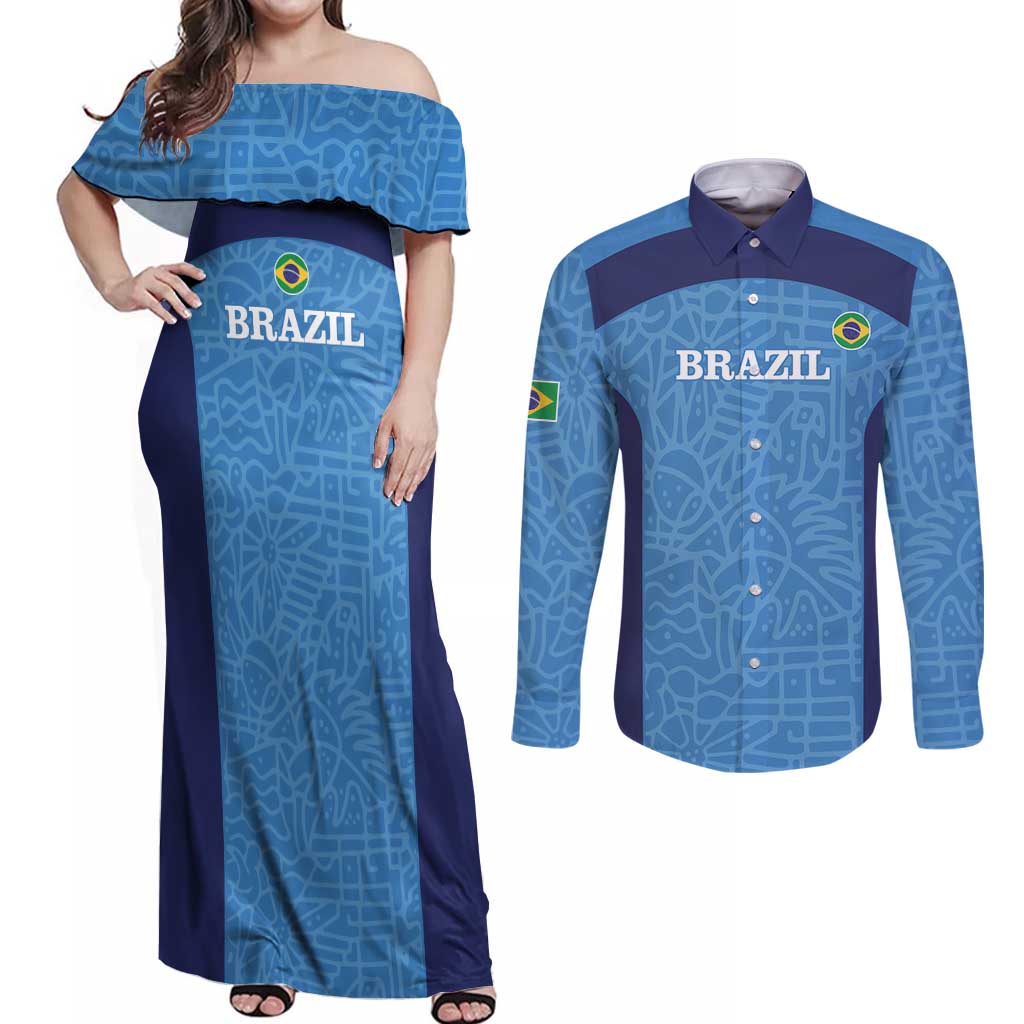 Custom Brazil Football Couples Matching Off Shoulder Maxi Dress and Long Sleeve Button Shirt Vamos Selecao - Blue - Wonder Print Shop