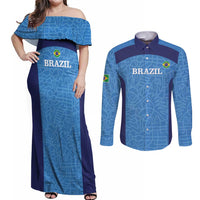 Custom Brazil Football Couples Matching Off Shoulder Maxi Dress and Long Sleeve Button Shirt Vamos Selecao - Blue - Wonder Print Shop