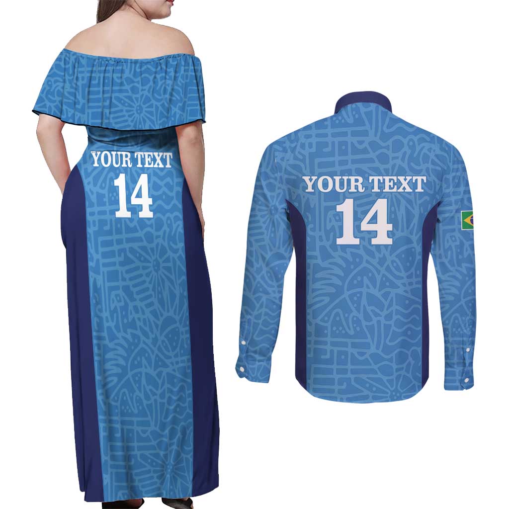 Custom Brazil Football Couples Matching Off Shoulder Maxi Dress and Long Sleeve Button Shirt Vamos Selecao - Blue - Wonder Print Shop