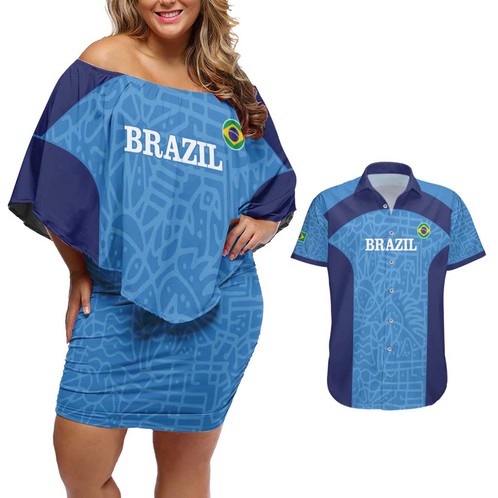 Custom Brazil Football Couples Matching Off Shoulder Short Dress and Hawaiian Shirt Vamos Selecao - Blue - Wonder Print Shop