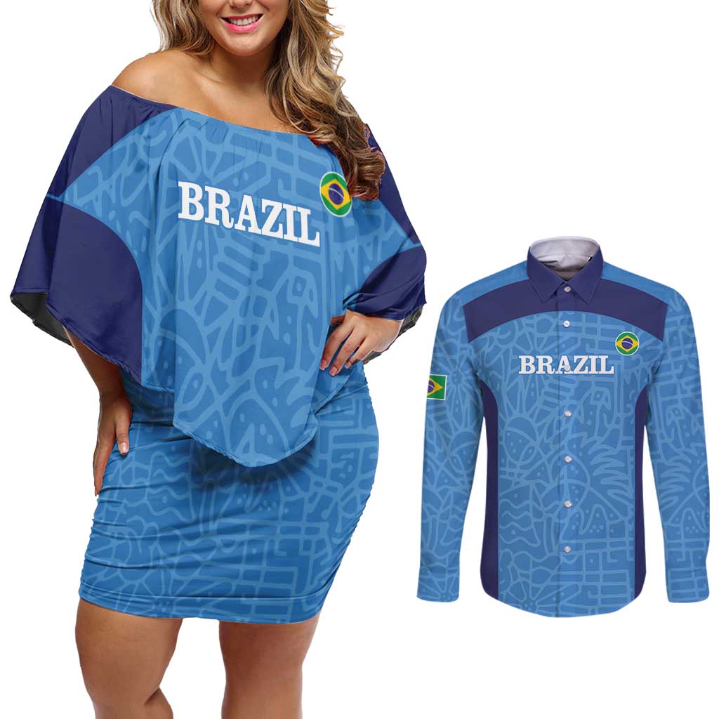 Custom Brazil Football Couples Matching Off Shoulder Short Dress and Long Sleeve Button Shirt Vamos Selecao - Blue - Wonder Print Shop