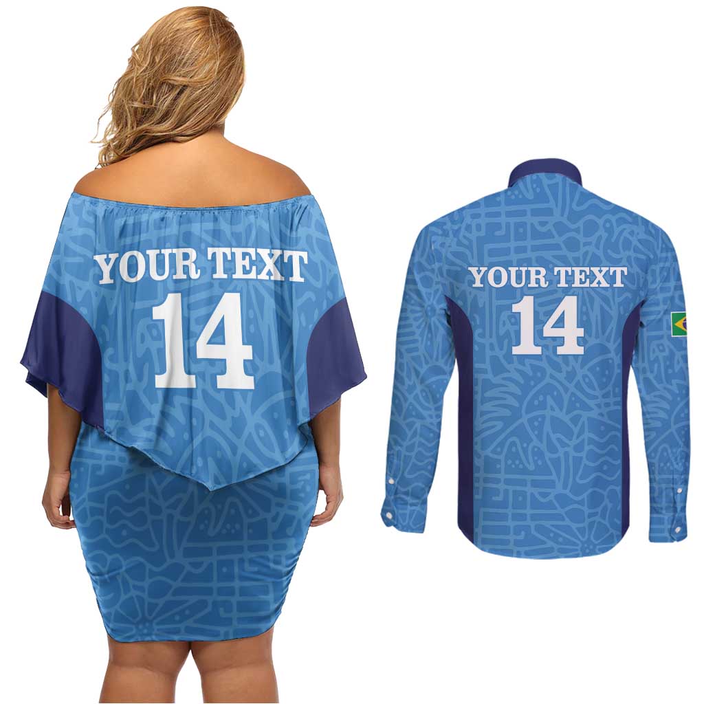 Custom Brazil Football Couples Matching Off Shoulder Short Dress and Long Sleeve Button Shirt Vamos Selecao - Blue - Wonder Print Shop