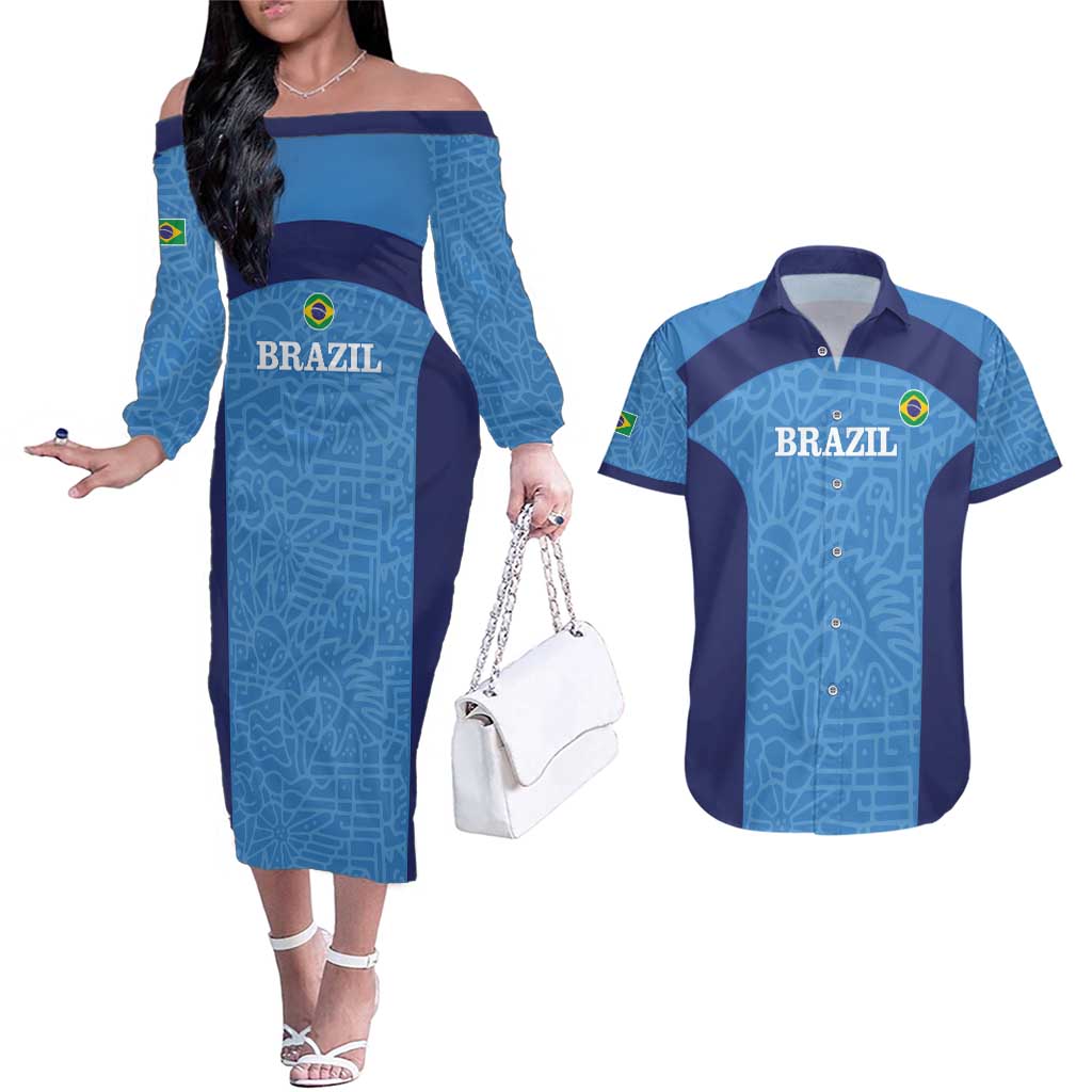 Custom Brazil Football Couples Matching Off The Shoulder Long Sleeve Dress and Hawaiian Shirt Vamos Selecao - Blue - Wonder Print Shop