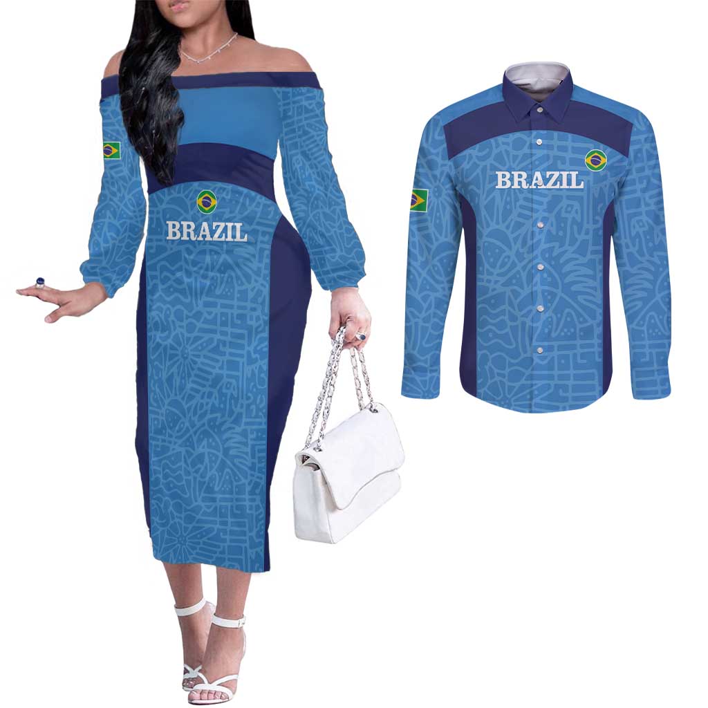 Custom Brazil Football Couples Matching Off The Shoulder Long Sleeve Dress and Long Sleeve Button Shirt Vamos Selecao - Blue