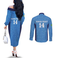 Custom Brazil Football Couples Matching Off The Shoulder Long Sleeve Dress and Long Sleeve Button Shirt Vamos Selecao - Blue
