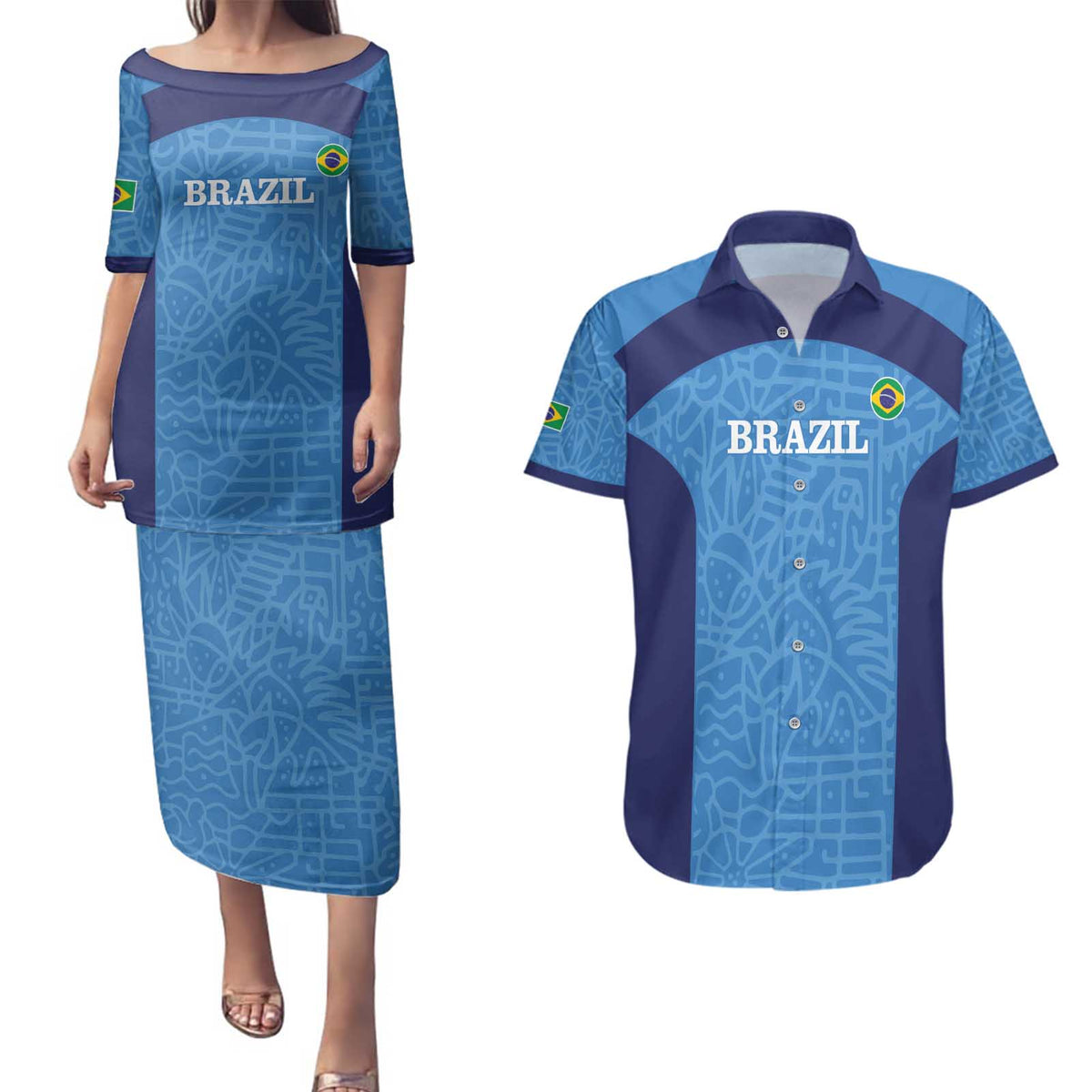 Custom Brazil Football Couples Matching Puletasi and Hawaiian Shirt Vamos Selecao - Blue - Wonder Print Shop