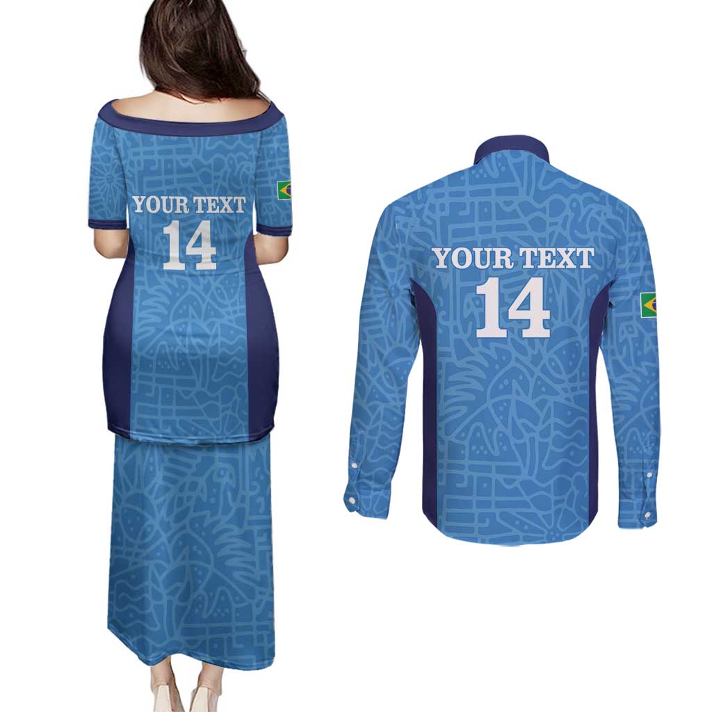 Custom Brazil Football Couples Matching Puletasi and Long Sleeve Button Shirt Vamos Selecao - Blue - Wonder Print Shop