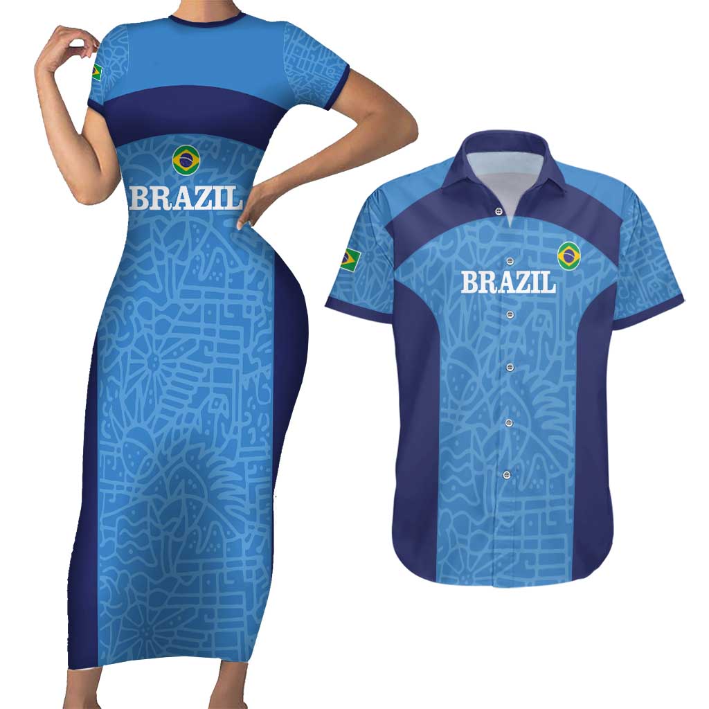 Custom Brazil Football Couples Matching Short Sleeve Bodycon Dress and Hawaiian Shirt Vamos Selecao - Blue - Wonder Print Shop