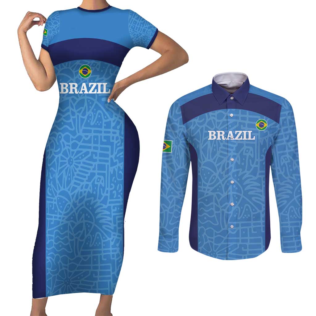 Custom Brazil Football Couples Matching Short Sleeve Bodycon Dress and Long Sleeve Button Shirt Vamos Selecao - Blue - Wonder Print Shop