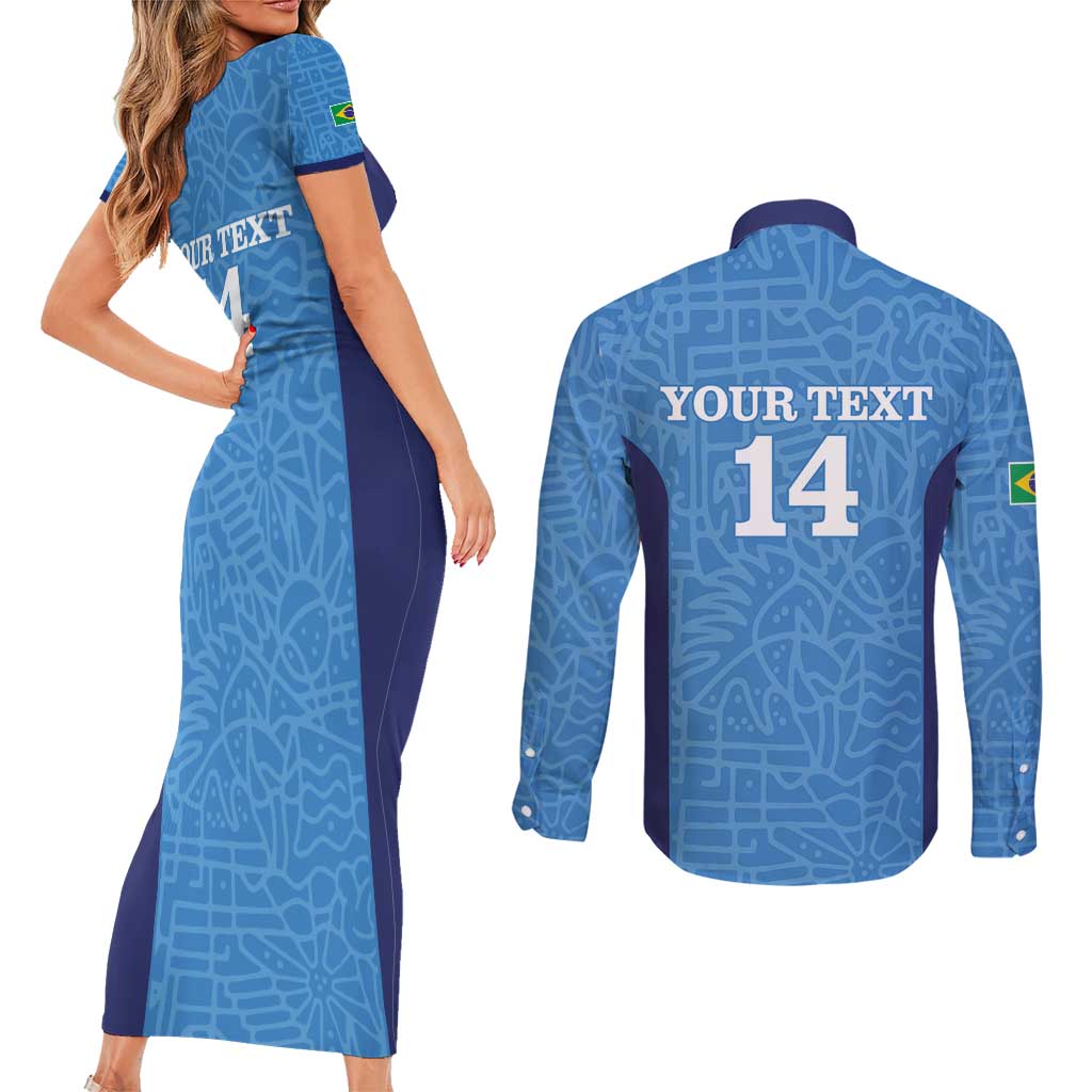 Custom Brazil Football Couples Matching Short Sleeve Bodycon Dress and Long Sleeve Button Shirt Vamos Selecao - Blue - Wonder Print Shop